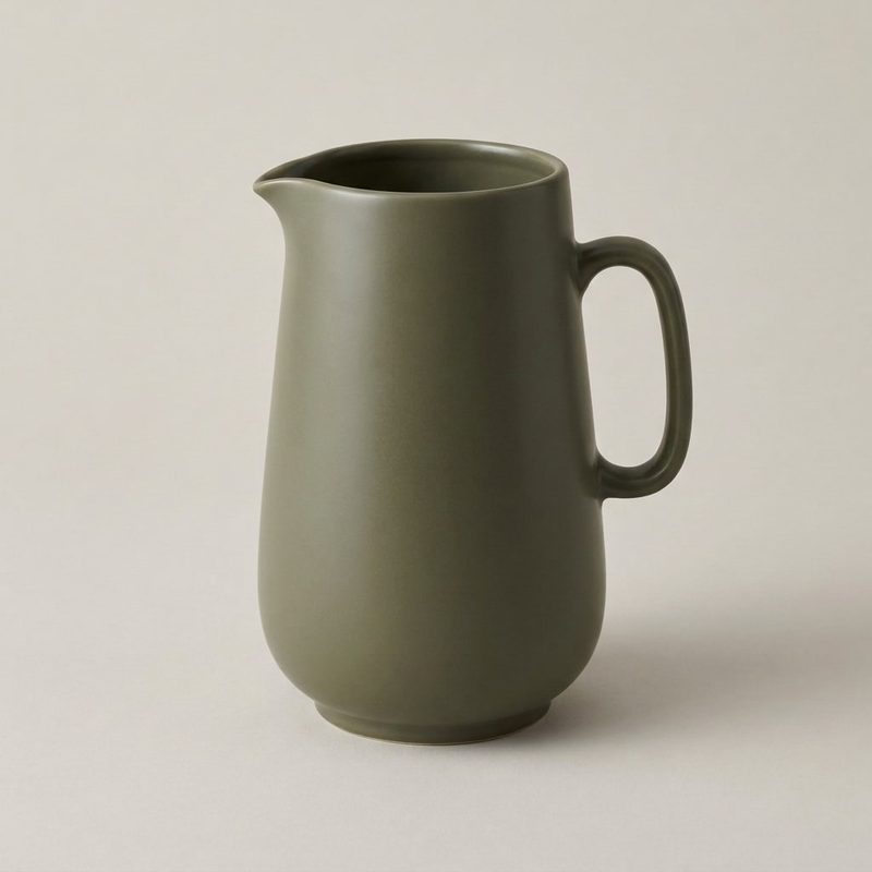 Concept sample: olive matte ceramic jug with a pouring lip and a loop handle, on a light background