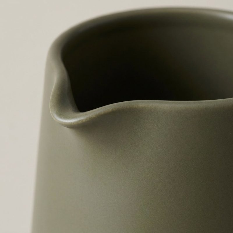 Concept sample: close-up of the jug’s pouring lip and matte olive glaze