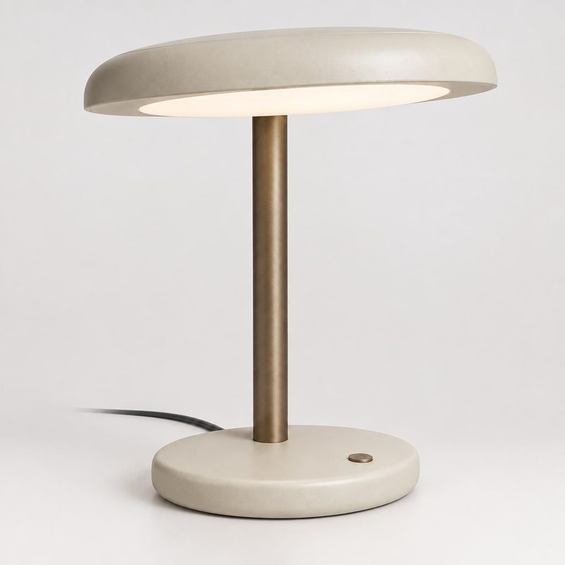 Concept sample: desk lamp with a broad ivory canopy on a single bronze stem and a round base
