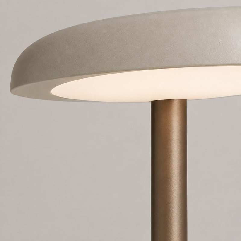 Concept sample: close-up of the lamp’s canopy edge, glowing diffuser and bronze stem