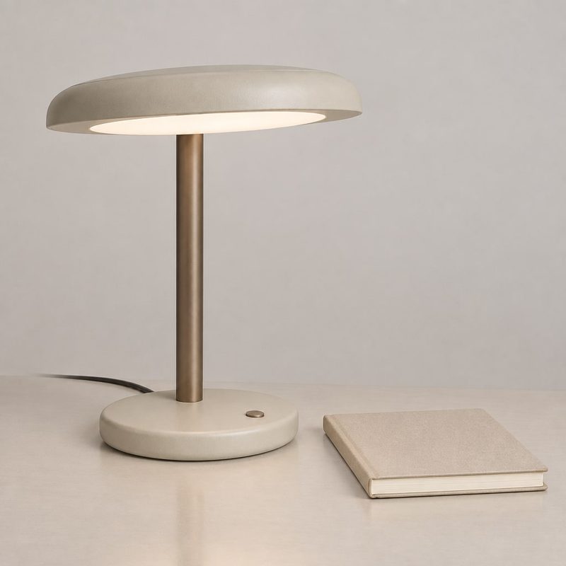 Concept sample: the desk lamp on a table beside a closed notebook