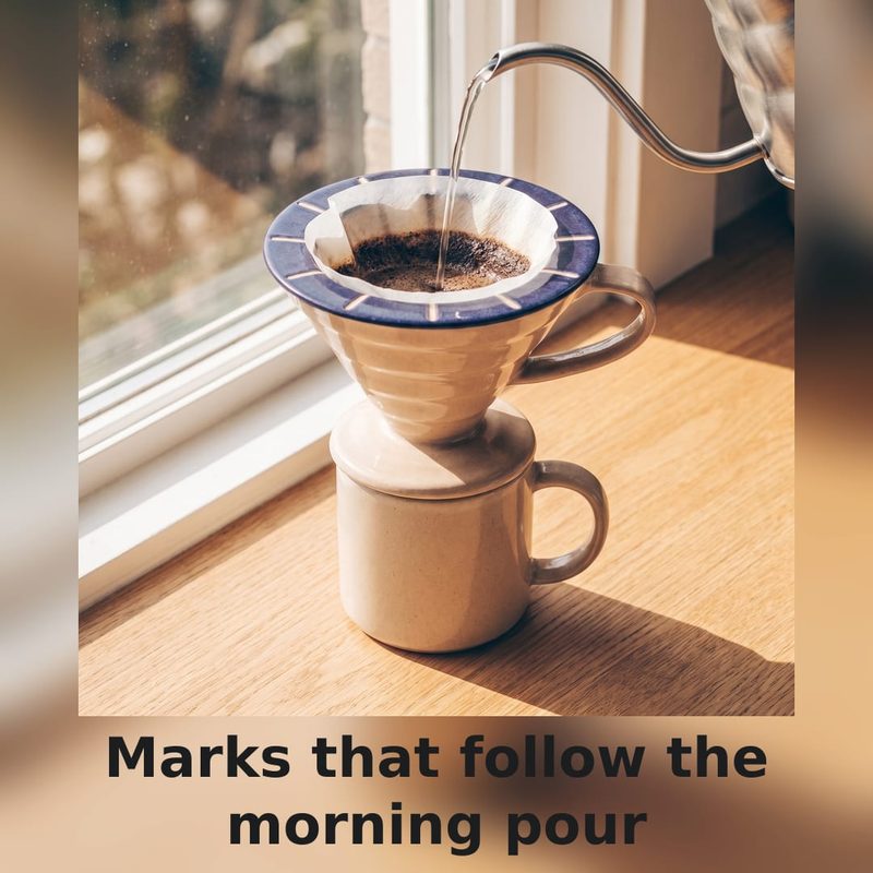 Concept sample: square Instagram post of the dripper on a mug by a window, with the headline “Marks that follow the morning pour”